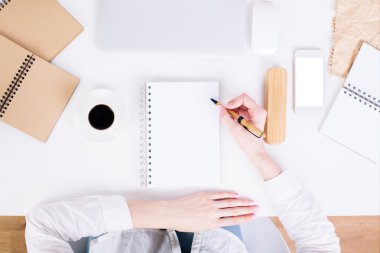 İş kadınının elleri not defterine yazıyor