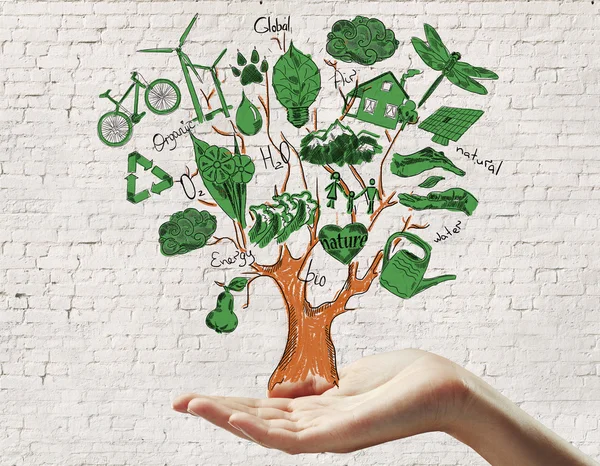 Mano femenina sosteniendo garabato creativo de árbol con saludables iconos ecológicos verdes sobre fondo de ladrillo blanco. Concepto orgánico — Foto de Stock