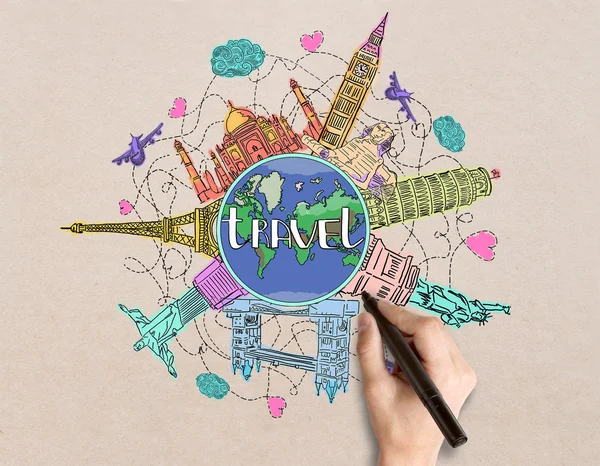 Hand drawing creative colorful travel sketch on light background. Vacation concept — Stock Photo, Image