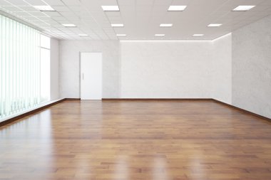 Parlak ahşap zemin, beyaz kapı, gebe duvarlar, desenli tavan, şehir manzaralı pencere ve güneşlikler ile döşenmemiş iç. 3d Rendering