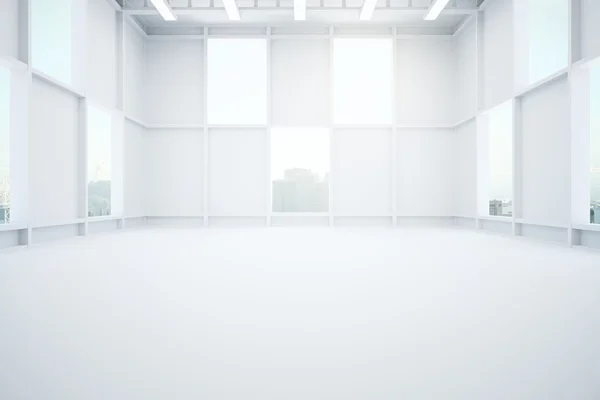 Magazzino interno bianco con vista sulla città. Rendering 3D — Foto Stock