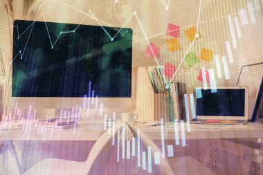 Finansal grafik çizimine ve ofis içi arka planına çifte maruz kalma. Borsa konsepti.