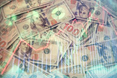 Forx grafiğinin çok sayıda görüntüsü bize dolar banknotları arka planında görünüyor. Finansal başarı piyasası kavramı.