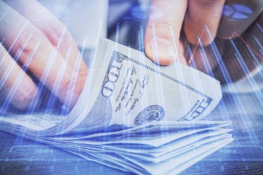 Forx grafiği, hologram, Amerikan dolarları ve insan eli çizimleri. Teknik Analiz kavramı.