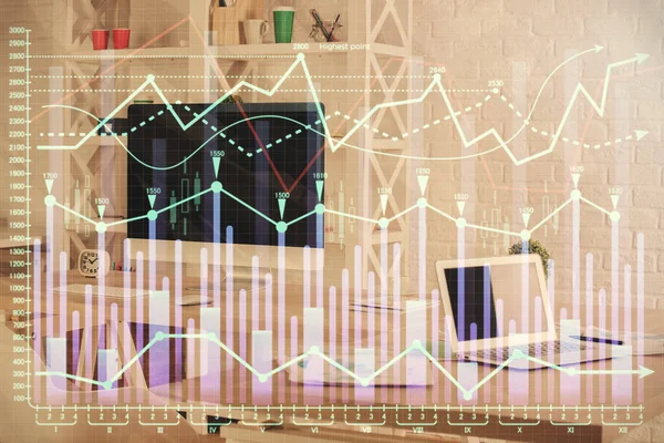 Doble exposición de dibujo gráfico financiero y fondo interior de la oficina. concepto de mercado de valores. — Foto de Stock