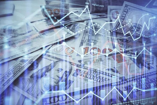 Multi exposure of forex chart drawing over us dollars bill background. Concept of financial success markets. — Stock Photo, Image