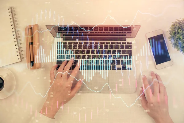 Multi exposure of woman hands working on computer and forex chart hologram drawing. Top View. Financial analysis concept. — Stock Photo, Image