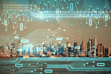 Veri temalı hologram gökdelenlerin arka planında çift pozlama ile şehir görünümüne çizim yapıyor. Teknoloji konsepti.