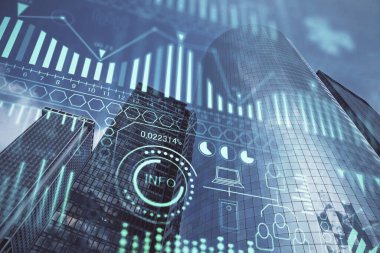 Teknoloji temalı hologramın ve şehrin arka planının iki katına çıkarılması. Yüksek Teknoloji kavramı.