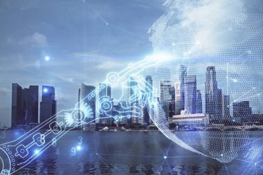 Teknoloji temalı hologramın ve şehrin arka planının iki katına çıkarılması. Yüksek Teknoloji kavramı.