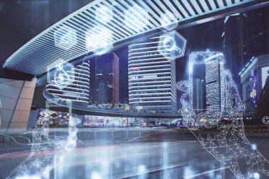 Teknoloji temalı hologramın ve şehrin arka planının iki katına çıkarılması. Yüksek Teknoloji kavramı.