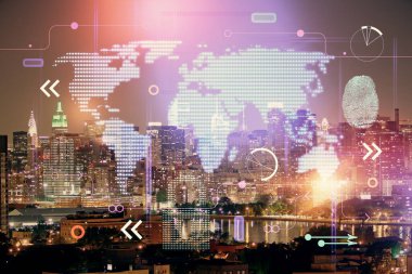 Şehir görünümünde harita ve veri temalı hologram ile gökdelenler arka planda çift pozlama. İş kavramında uluslararası teknoloji.