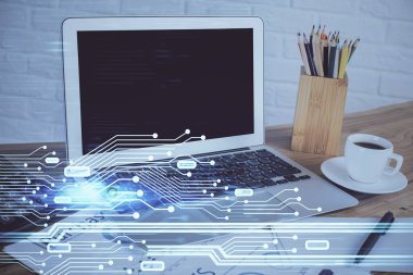 Arkaplanda bilgisayar ve veri temalı çizim tablosu çoklu pozlama. Yenilik kavramı.