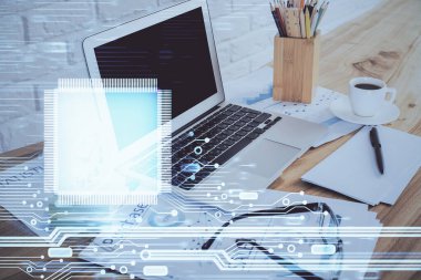 Bilgisayarın arka planda ve teknik tema çiziminde çoklu pozlama. Büyük veri kavramı.