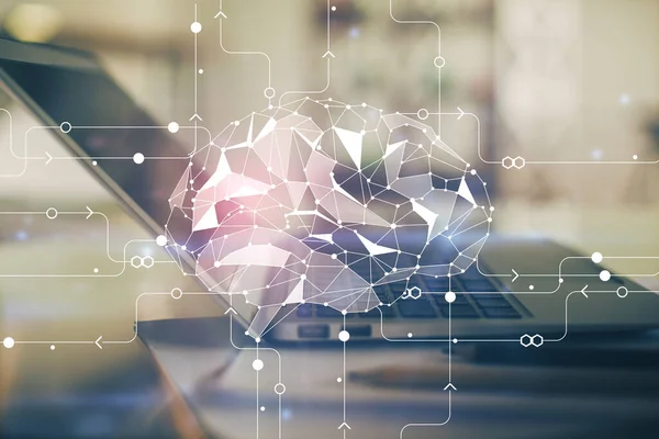 Double exposition de bureau avec ordinateur et hologramme de dessin du cerveau. Concept d'intelligence artificielle. — Photo
