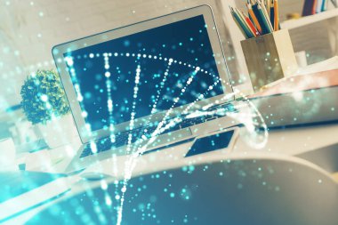 Masaüstü bilgisayar arkaplanı ve DNA çizimi. Çifte maruziyet. Bilim konsepti.