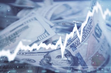 Önx grafiğinin arka plandaki dolarları iki katına çıkarması. Finans piyasası kavramı.