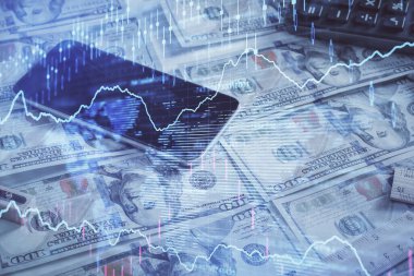 Önx grafiğinin arka plandaki dolarları iki katına çıkarması. Finans piyasası kavramı.