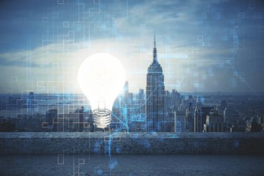 Ampul hologram çizimine ve şehir manzarasına çoklu maruz kalma. Fikir kavramı.