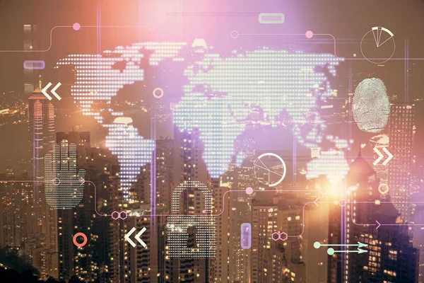 Karta och data tema hologram på stadsbilden med skyskrapor bakgrund dubbel exponering. Internationell teknik i affärsidé. — Stockfoto