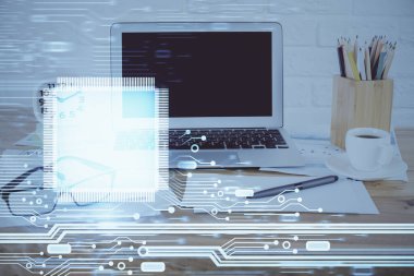 Bilgisayarın arka planda ve teknik tema çiziminde çoklu pozlama. Büyük veri kavramı.