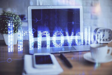 Arka planda bilgisayar ve teknik tema çizimi olan iki kat masaüstü görüntüsü. Büyük veri kavramı.