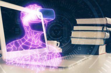 AR tema simgesi olan bilgisayar masaüstünde. Çoklu maruz kalma. Artırılmış gerçeklik kavramı.