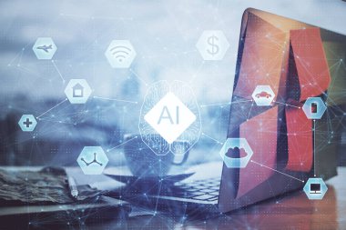 Dizüstü bilgisayar ve teknoloji temalı holograma çifte maruz kalma. Serbest çalışma kavramı.