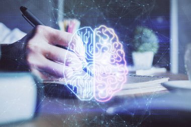 Arka planda beyin hologramıyla el yazısına çok maruz kalmış. Kendi kendine öğrenme kavramı.