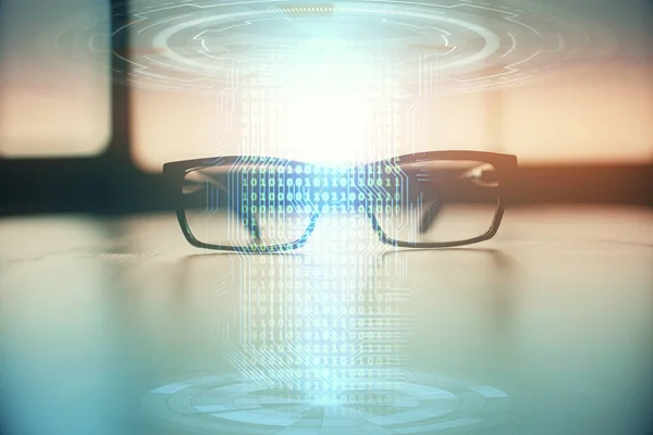 Datový hologram s brýlemi na pozadí stolu. Koncept technologie. Dvojitá expozice. — Stock fotografie
