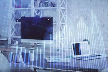 Finansal grafik çizimine ve ofis içi arka planına çifte maruz kalma. Borsa konsepti.