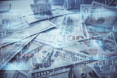 Forx grafiğinin çok sayıda görüntüsü bize dolar banknotları arka planında görünüyor. Finansal başarı piyasası kavramı.