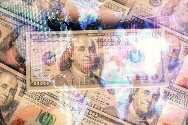 Forx grafiğinin çok sayıda görüntüsü bize dolar banknotları arka planında görünüyor. Finansal başarı piyasası kavramı.