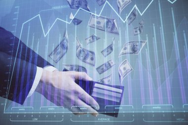 Finansal grafiğe çoklu pozlama hologram, Amerikan dolarları ve insan eli. Analiz kavramı.