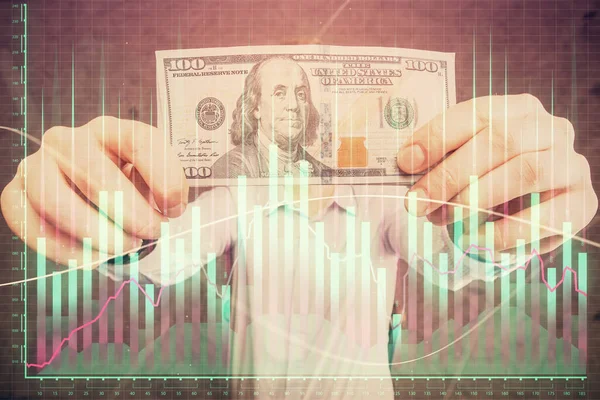 Multi exponering av forex diagram rita hologram och USA dollar räkningar och manshänder. Koncept för teknisk analys. — Stockfoto