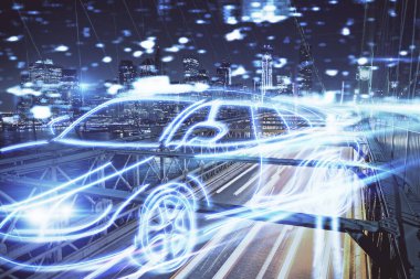 Ulaşım temalı hologram çizimi ve şehir manzaralı arka plan çifte pozlama. Otomatik pilotu kabul et.