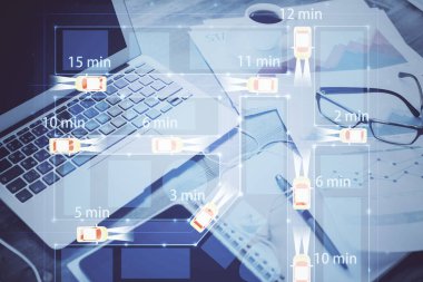 Otomobil hologramı çizimi olan masaüstü bilgisayar arkaplanı. Çoklu maruz kalma. Teknoloji kavramı.