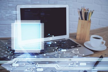 Arkaplanda bilgisayar ve veri temalı çizim tablosu çoklu pozlama. Yenilik kavramı.