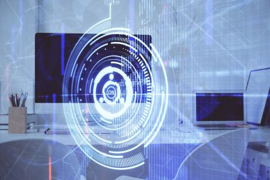 Arka planda kişisel bilgisayarı ve teknik tema çizimi olan iki kat masaüstü görüntüsü. Büyük Veri Kavramı.