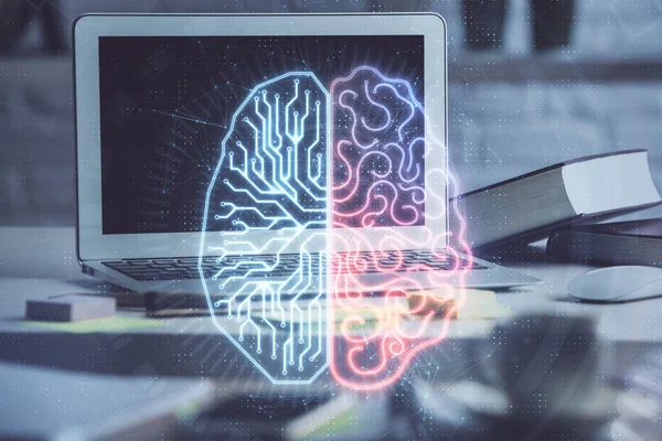 Bilgisayar ve insan beyninin hologram çizdiği çalışma alanının iki katına çıkarılması. Beyin fırtınası konsepti. — Stok fotoğraf