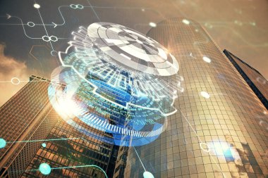 Veri temalı hologram gökdelenler arka planda çoklu pozlama ile şehir görünümüne çizim yapıyor. Büyük veri kavramı.