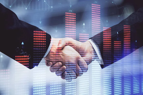 Double exposure of forex graph hologram and handshake of two men. Stock market concept. — Stock Photo, Image