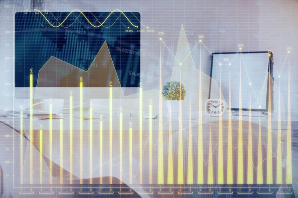 Multi Blootstelling Van Aandelenmarkt Grafiek Tekening Kantoor Interieur Achtergrond Begrip — Stockfoto