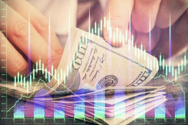 Multi Exponering Forex Diagram Rita Hologram Och Usa Dollar Räkningar — Stockfoto