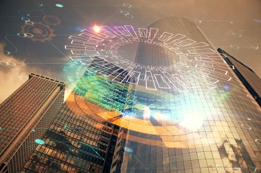 Veri temalı hologram gökdelenler arka planda çoklu pozlama ile şehir görünümüne çizim yapıyor. Büyük veri kavramı.