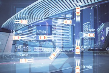 Ulaşım temalı hologram çizimi ve şehir manzaralı arka plan çifte pozlama. Otomatik pilotu kabul et.