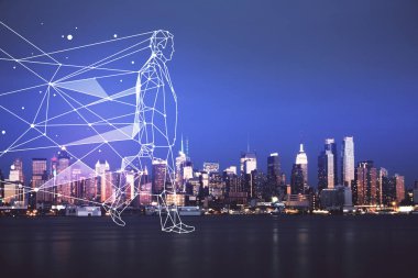 Şehir manzarası arkaplanı üzerinde başlangıç teması çizimlerinin çifte pozlandırılması. Başarı kavramı.