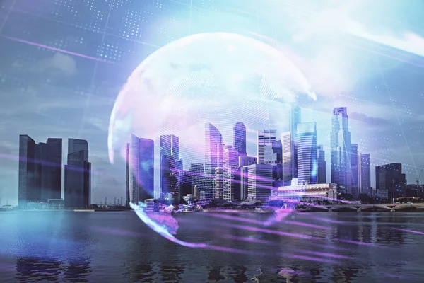 Teknoloji temalı hologramın ve şehrin arka planının iki katına çıkarılması. Yüksek Teknoloji kavramı.