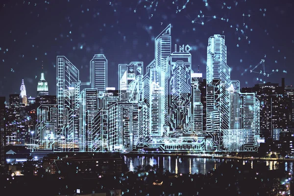 Двойное Воздействие Голограммы Зданий Городской Пейзаж Концепция Умного Города — стоковое фото