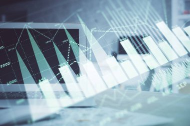 Bilgisayar geçmişi olan eski grafik hologramı. Çoklu maruz kalma. Finans piyasası kavramı.